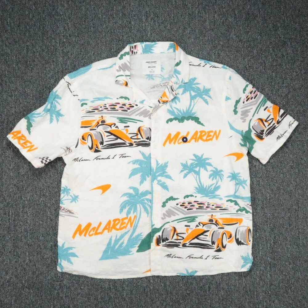 Hollister Shirt Men Medium White McLaren Formula 1 Team Boxy Fit Linen SS Button